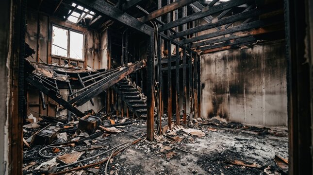 Interior of a burned house with charred wood and debris after a destructive fire disaster.