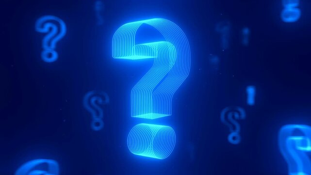 Glowing blue question marks floating in a dark background. Symbolizing curiosity, inquiry, and the search for answers in a digital age