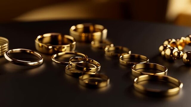 Elegant collection of gold rings and bracelets displayed on a dark surface. Showcasing luxury, craftsmanship, and timeless beauty in jewelry design