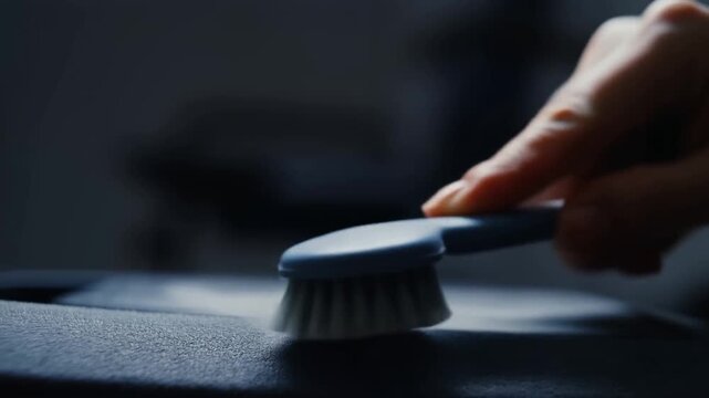 Close-up of a hand cleaning a textured surface with a brush. Maintaining cleanliness and hygiene in personal or professional spaces