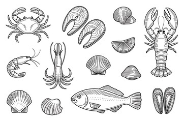 Obraz premium Line art assorted seafood illustrations collection high resolution picture