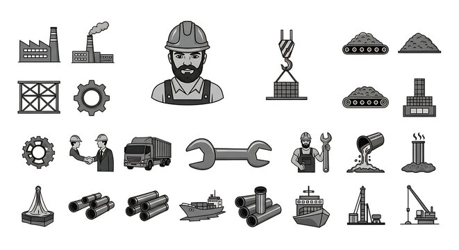 Set of industrial and construction themed monochrome flat icons with industry construction mechanical engineering infrastructure manufacturing building industrial equipment technical