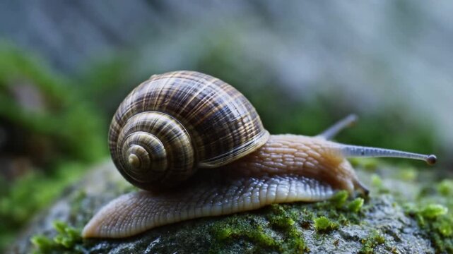 Close-up of a snail crawling on a mossy rock. Represents nature's slow pace and the beauty of small creatures in their habitat