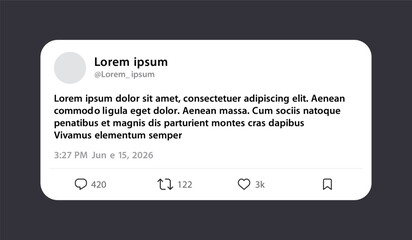 Twitter x social media blank tweet post mockup with like, comment, and share buttons. Vector illustration