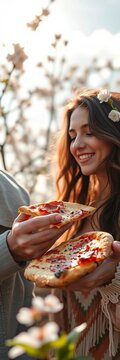Blossoming affection, pizza shared in sun-dappled embrace under a gentle sky,  couple,  interacial