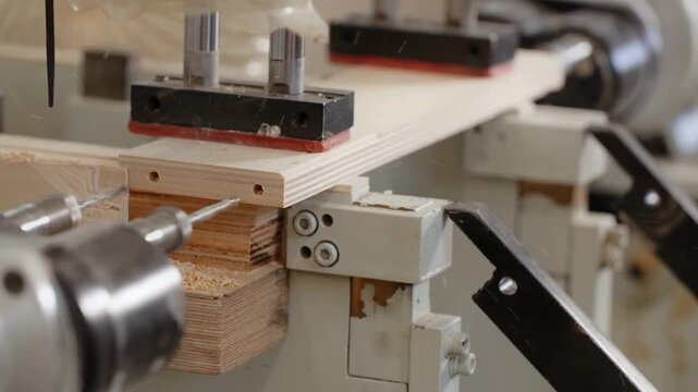 Industrial cnc drilling machine boring holes into a plywood board in a woodworking workshop