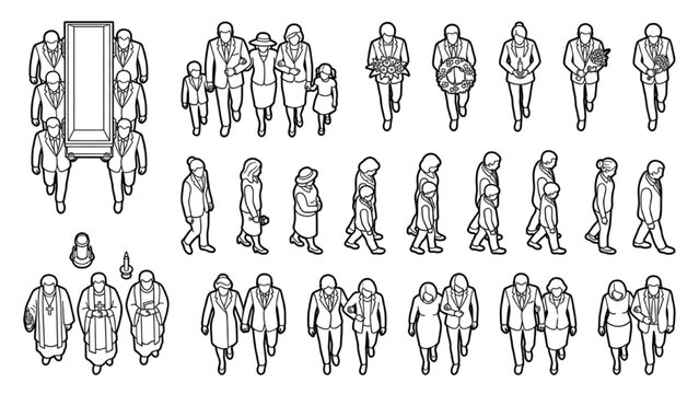 Funeral Procession and Mourning People Outline Vector Set with Isometric Sad Characters