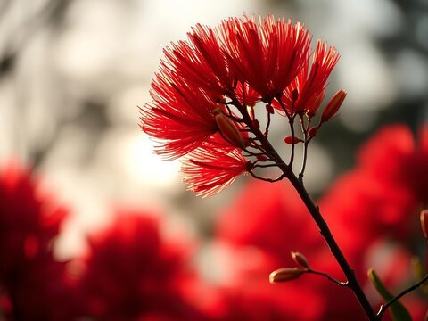 Crimson embers glow against a blurred canvas, the pohutukawa's fiery spirit captured in an angled whisper of light,  petal,  outdoor