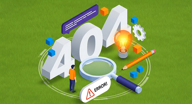 Isometric web page not found 404 error design element with search tool isometric magnifying internet development technology business
