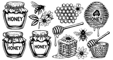 Honey and bees hand drawn set with honeycomb and dipper honeycomb handdrawn isolated © Kapilbiswas
