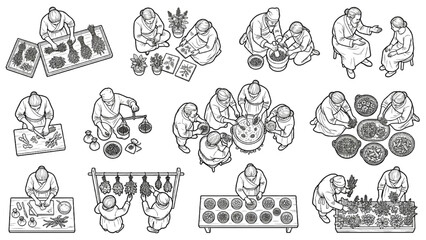 Obraz premium Women Farming and Gardening Lineart Vector Set with Top Down Isometric Character Poses
