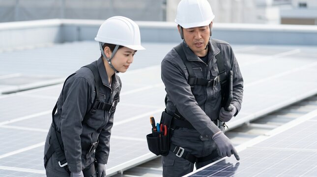 太陽光パネルの点検箇所を覗き込みOJT指導を受ける女性の電気工事士