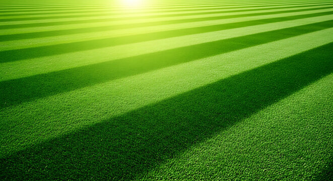 Abstract texture of lush green stadium grass lawn with symmetrical striped pattern and bright sunlight highlighting the field background athletic sunlight sporting landscape