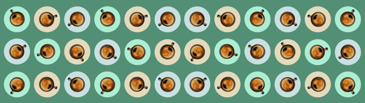 Coffee cups, seamless patterns, wide coffee drinks banner, top view, image manipulation. Horizontal visual, insulated cups with black coffee drink. Abstract drinks backgrounds