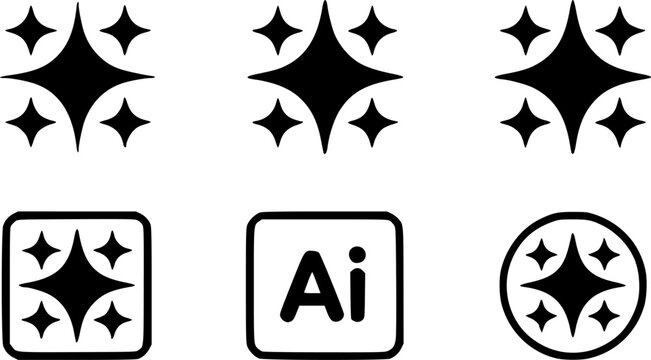 Artificial intelligence sparkle and magic stars icon set featuring sparkling diamond bursts, celestial twinkle clusters, and AI technology generation button vecgrowth chart, and diamond glyph vectors.