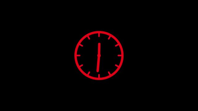 Red Clock spinning, watch animation on black background with alpha channel. Clock icon flat style 24 hours day fast speed with moving timer clock rotation.