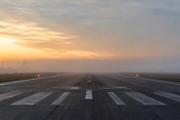 Fototapeta premium A misty sunrise over an empty airport runway with runway lights visible through the fog.