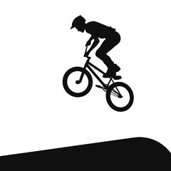 Naklejka premium BMX rider silhouette performing a jump, extreme sports cyclist on bicycle vector, mountain bike stunt athlete jumping over ramp