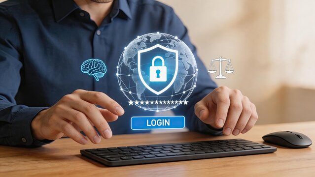 Global login security authentication with shield lock icon and brain symbol representing cyber safety and identity verification