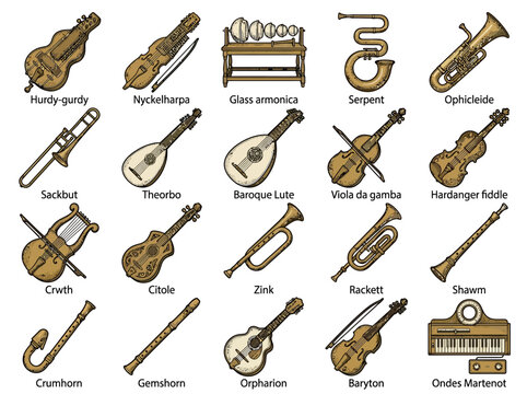 Collection of Historical Musical Instruments - Vintage String and Wind Instruments