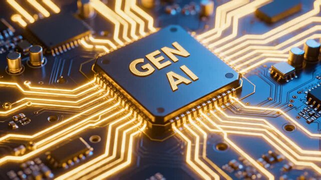 A close-up view of a high-tech computer processor chip labeled with glowing golden circuitry text.