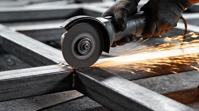 A close-up shot of a person using an angle grinder to cut through a thick metal frame with sparks.