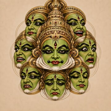 The Kathakali green face (pacha vesham) of a nayaka character at the moment of navarasabhishekam (anointing of nine emotions), t