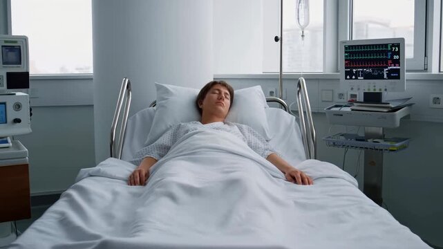 Patient resting in a hospital bed with medical equipment nearby. Represents healthcare, recovery, and the importance of medical support