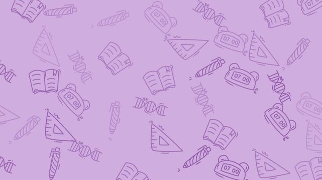 Purple pattern with hand drawn stationary items like books, pens, alarm clocks, dna suitable for educational or scientific designs.