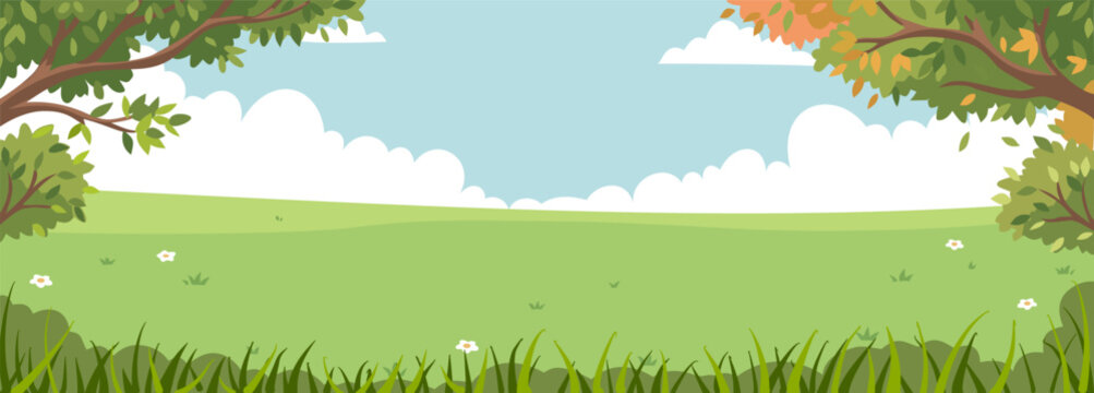 Panoramic spring landscape vector of a wide green grass field framed by lush trees and bushes under a blue sky with fluffy clouds