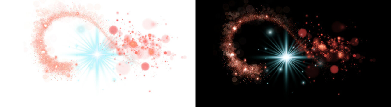PNG image of Glowing infinity symbol with magic dust, sparkling rose gold glitter trail, ethereal light burst with cyan star flare isolated on Transparent Background
