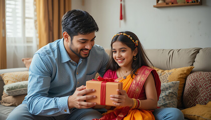 Father Gives Daughter a Gift Box, Family Moment of Joy and Surprise at Home
