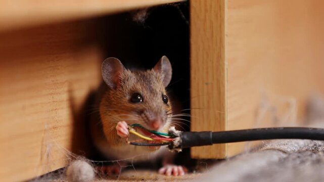 A close-up shot of a small field mouse chewing on an electrical wire under a piece of furniture.
