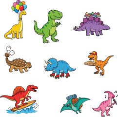 Set of cute cartoon dinosaur characters and stickers for kids, vector illustration © Sabrina Tasnim
