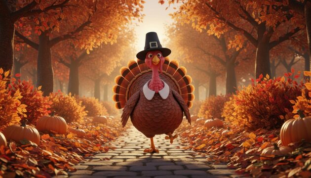 Autumn turkey with top hat, Thanksgiving bird on cobblestone path, fall forest leaves and warm orange light