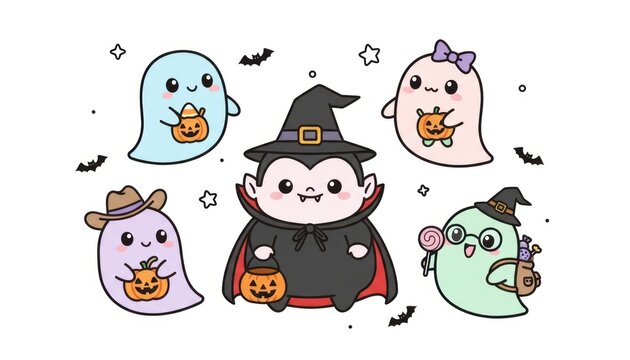 Cute Halloween cat witch cartoon stickers, kawaii chibi black cat with pumpkin, pastel doodle animal icon set