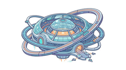 Futuristic orbital space station with glowing rings and dome architecture. © Afi