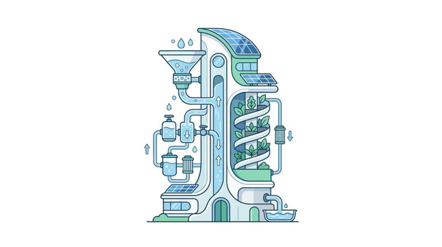 A stylized futuristic vertical farming facility with integrated water filtration and hydroponic systems.