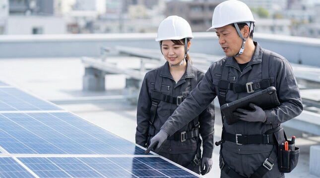 太陽光パネルの保守点検現場で笑顔でOJT指導を受ける女性の電気工事士