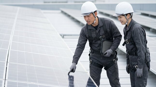 太陽光パネルの保守点検で和やかな雰囲気でOJT指導を行う電気工事士