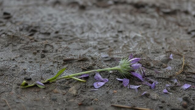 trampled. A trampled wildflower lying crooked on the ground with petals scattered in mud. gardening catalogs, home-decor guides, designed for home decor and floral branding.