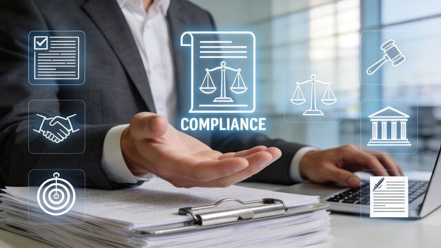 Corporate compliance management concept with businessman hand holding virtual legal icons, scales of justice, gavel, and document symbols for regulatory adherence and business