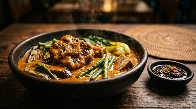 Close-up steaming bowl of Filipino kare-kare with oxtail, eggplant, green beans, bok choy, and bagoong on a dark wooden table