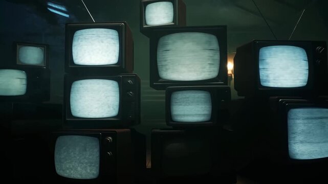 Vintage televisions stacked in a dark room, creating a nostalgic atmosphere. Represents the evolution of media and technology in entertainment