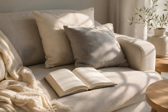 Open a blank book on a quiet sofa in soft light