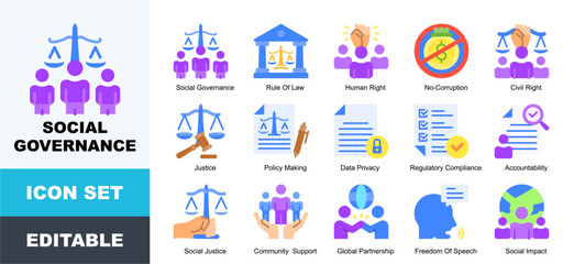 Fototapeta premium Social Governance Icon Pack Featuring Civil, Compliance, Ethics, Governance, Government, Human, Justice, Regulation