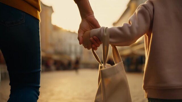 Adult walking with child carrying shopping bags at sunset in a city street