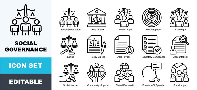 Social Governance Icon Pack Featuring Civil, Compliance, Ethics, Governance, Government, Human, Justice,  Regulation