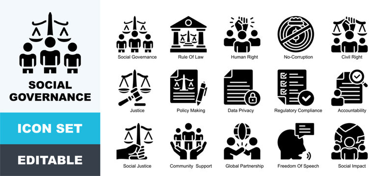 Social Governance Icon Pack Featuring Civil, Compliance, Ethics, Governance, Government, Human, Justice,  Regulation