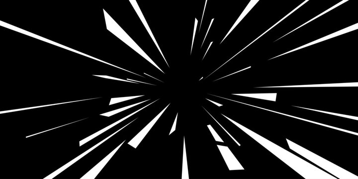Abstract speed lines background with white rays emanating from the center on a black backdrop for comic book style motion and dynamic energy design elements